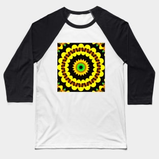 Yellow Floral pattern, seamless kaleidoscope. Circular Flower on black print Baseball T-Shirt